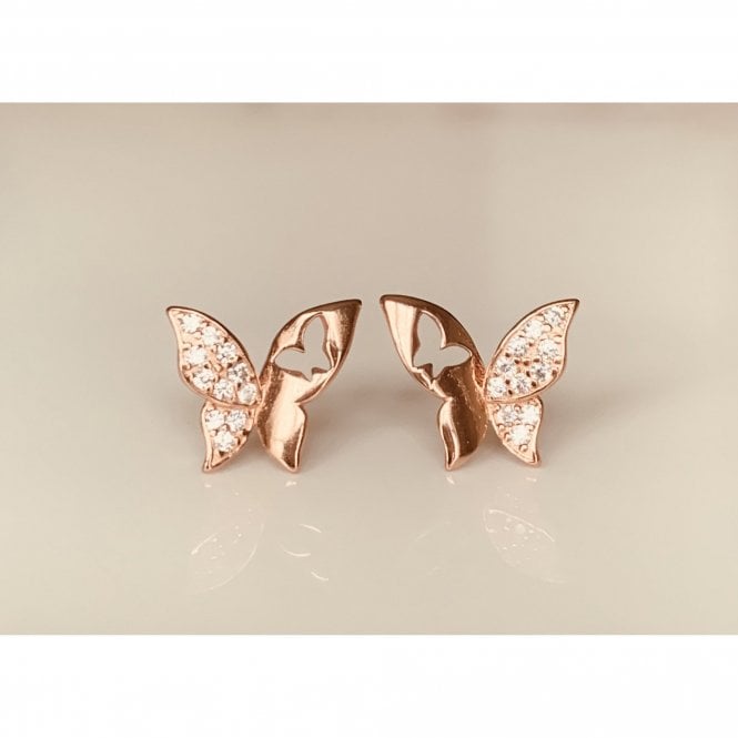 Faith Rose Gold Sterling Silver Sterling Silver Rose Gold Micron Half Pave, Half Plain with Cut-out Butterfly 14mm Stud Earrings
