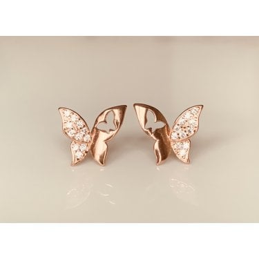 Sterling Silver Rose Gold Micron Half Pave, Half Plain with Cut-out Butterfly 14mm Stud Earrings
