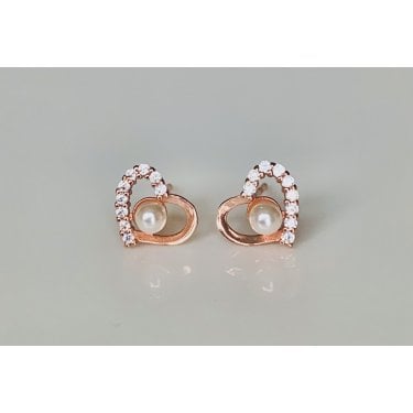 Sterling Silver Rose Gold Micron Half Plain, Half CZ Open Heart with Pearl Centre 9mm Stud Earrings