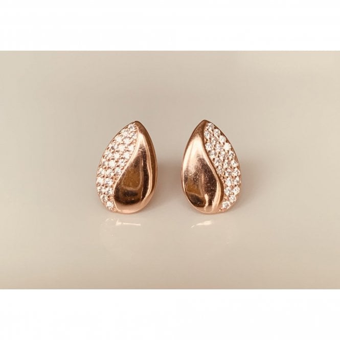 Faith Rose Gold Sterling Silver Sterling Silver Rose Gold Micron Half Plain, Half Pave Set Teardrop 8x13mm Stud Earrings