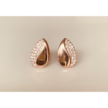 Sterling Silver Rose Gold Micron Half Plain, Half Pave Set Teardrop 8x13mm Stud Earrings