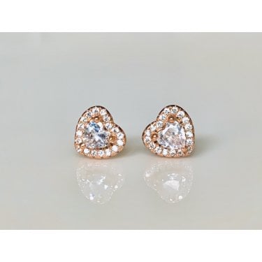Sterling Silver Rose Gold Micron Heart CZ Centre with Claw Set Halo 7mm Stud Earrings