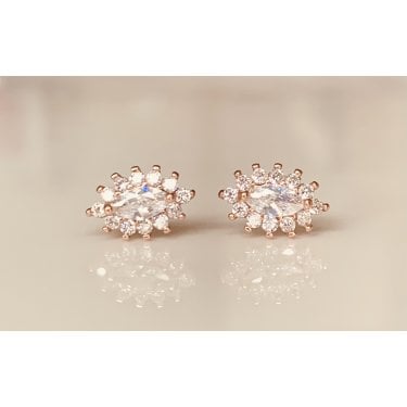 Sterling Silver Rose Gold Micron Marquise Centre with Claw Set Halo 7x10mm Stud Earrings