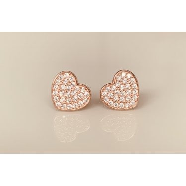 Sterling Silver Rose Gold Micron Pave CZ Rubover Heart 9mm Stud Earrings