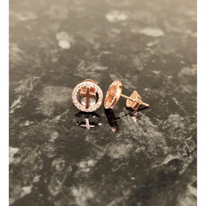 Faith Rose Gold Sterling Silver Sterling Silver Rose Gold Micron Plain Cross inside Floating CZ Halo 9mm Stud Earrings