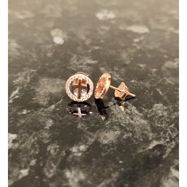 Sterling Silver Rose Gold Micron Plain Cross inside Floating CZ Halo 9mm Stud Earrings