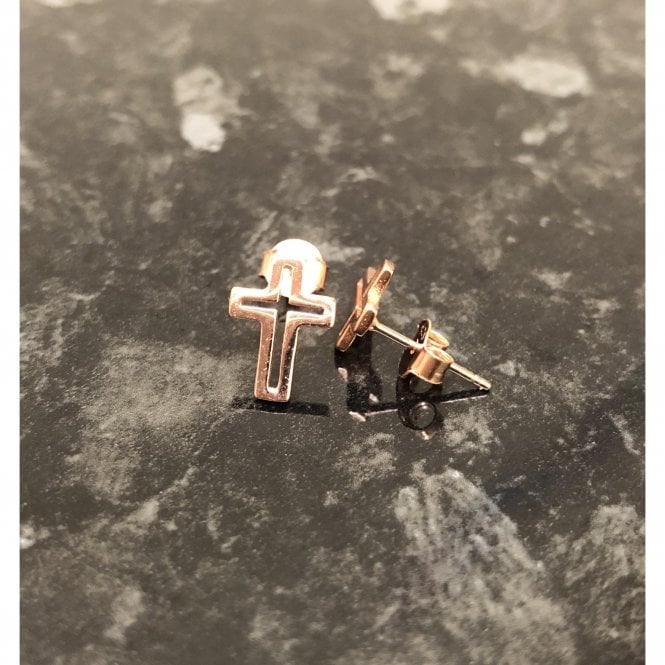 Faith Rose Gold Sterling Silver Sterling Silver Rose Gold Micron Plain Cross Outline 8x11mm Stud Earrings
