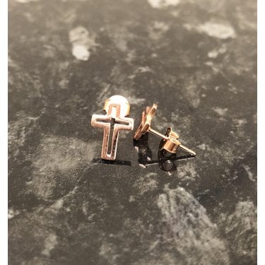 Sterling Silver Rose Gold Micron Plain Cross Outline 8x11mm Stud Earrings