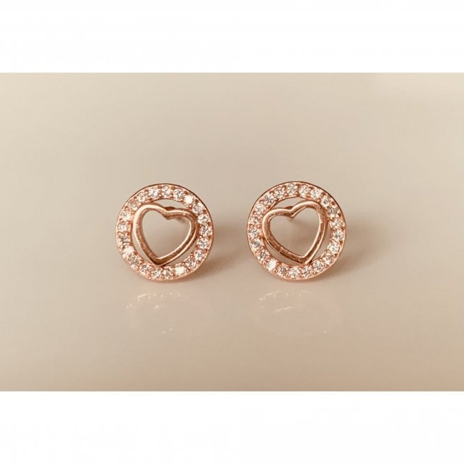 Faith Rose Gold Sterling Silver Sterling Silver Rose Gold Micron Plain Heart inside Floating CZ Halo 9mm Stud Earrings