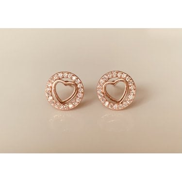 Sterling Silver Rose Gold Micron Plain Heart inside Floating CZ Halo 9mm Stud Earrings