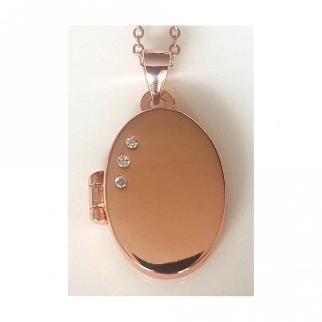 Faith Rose Gold Sterling Silver Sterling Silver Rose Gold Micron Plain Oval with 3 CZ 15mm x 20mm Locket on Diamond Cut 18