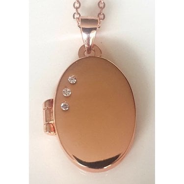 Sterling Silver Rose Gold Micron Plain Oval with 3 CZ 15mm x 20mm Locket on Diamond Cut 18" Chain