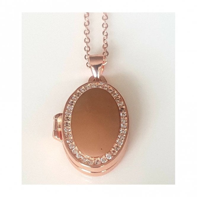 Faith Rose Gold Sterling Silver Sterling Silver Rose Gold Micron Plain Oval with CZ Edge 15mm x 19mm Locket on 18