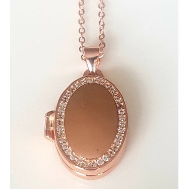 Sterling Silver Rose Gold Micron Plain Oval with CZ Edge 15mm x 19mm Locket on 18" Diamond Cut Chain