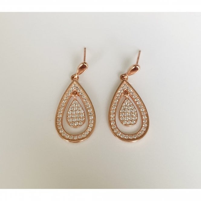 Faith Rose Gold Sterling Silver Sterling Silver Rose Gold Micron Plain Stud 28 x 12mm with Pave Pear Outline & Pave Pear Hanging Centre Drop Earrings
