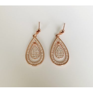Sterling Silver Rose Gold Micron Plain Stud 28 x 12mm with Pave Pear Outline & Pave Pear Hanging Centre Drop Earrings