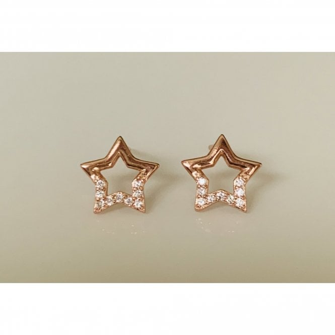 Faith Rose Gold Sterling Silver Sterling Silver Rose Gold Micron Plain Top, CZ Bottom Open Star 10mm Stud Earrings