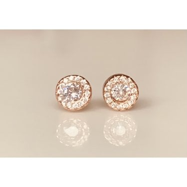 Sterling Silver Rose Gold Micron Round CZ Centre CZ Halo 6mm Stud Earrings