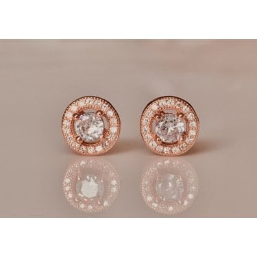 Sterling Silver Rose Gold Micron Round CZ with Floating Halo 8mm Stud Earrings