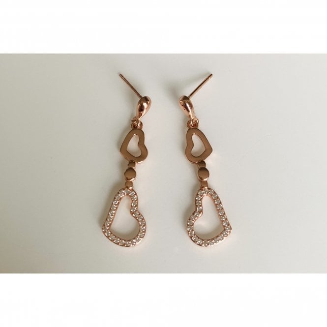 Faith Rose Gold Sterling Silver Sterling Silver Rose Gold Micron Small Plain & Large CZ Open Hearts Drop 33 x 9mm Earrings