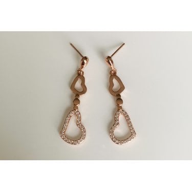 Sterling Silver Rose Gold Micron Small Plain & Large CZ Open Hearts Drop 33 x 9mm Earrings