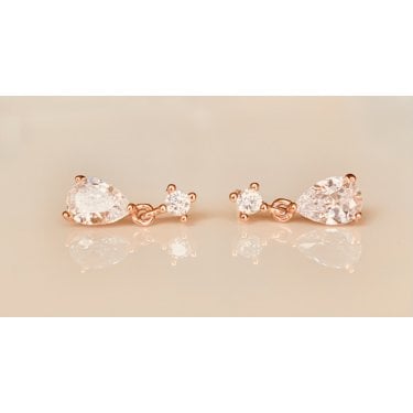 Sterling Silver Rose Gold Round Claw Set Stud with Claw Set Pear CZ 14 x 5mm Drop Earrings