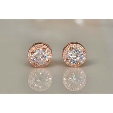 Sterling Silver Rose Gold Round Stone CZ 7mm Halo Stud Earrings