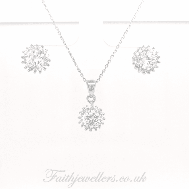 Faith Sterling Silver Sterling Silver Round CZ Centre with Claw Set CZ Halo Earrings & Pendant Set 10x10mm
