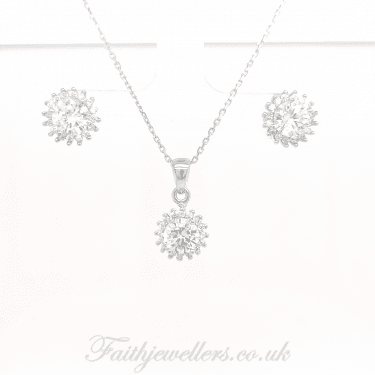 Sterling Silver Round CZ Centre with Claw Set CZ Halo Earrings & Pendant Set 10x10mm