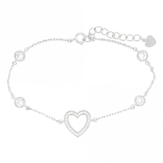 Faith Sterling Silver Sterling Silver Rubover CZ Heart with Belcher Link & 4 Round Rubover CZs Bracelet 17+3cm