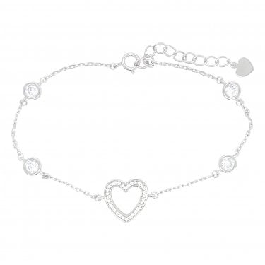 Sterling Silver Rubover CZ Heart with Belcher Link &amp; 4 Round Rubover CZs Bracelet 17+3cm