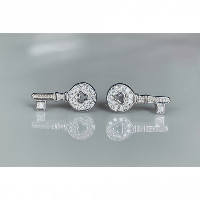 Faith Sterling Silver Sterling Silver Rubover Edge Keyhole Cut Out Key 13 x 5mm Stud Earrings