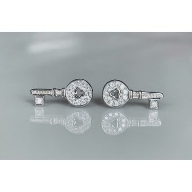 Sterling Silver Rubover Edge Keyhole Cut Out Key 13 x 5mm Stud Earrings