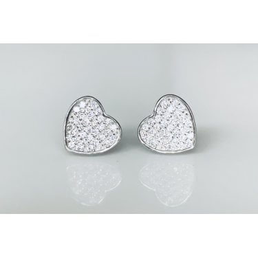 Sterling Silver Rubover Edge Pave Heart Stud Earrings 8x8mm