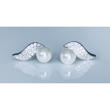 Sterling Silver Wavy Pave Drop with Single Pearl Stud Earrings 13x5mm
