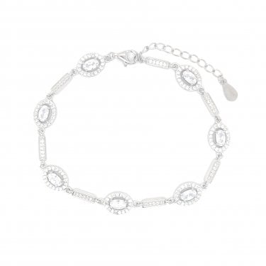 Sterlng Silver CZ Oval Halo & Bar Link Extendable Bracelet 17+3cm