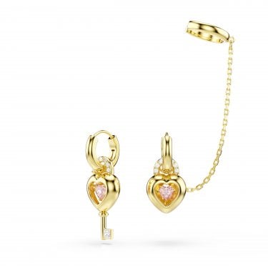Swarovski Idyllia Mixed Cuts Pink Heart with Key Gold Tone Drop Earrings with Ear Cuff 2 x 1.1cm 