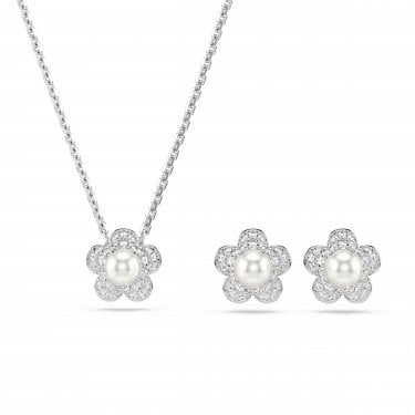 Swarovski x Ariana Grande Round Cut Crystal & Pearl Flower Necklace & Earrings Set 1.1 x 1.1cm, 1.1 x 1.1cm, 38-45cm