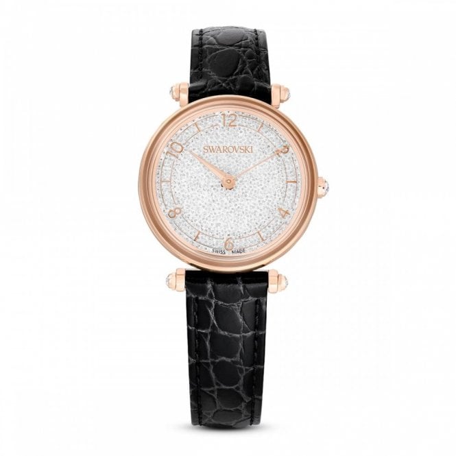 Swarovski Watches Swarovski Crystalline Wonder Rose Gold Tone Black Leather Strap Watch