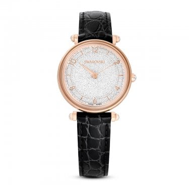 Swarovski Crystalline Wonder Rose Gold Tone Black Leather Strap Watch