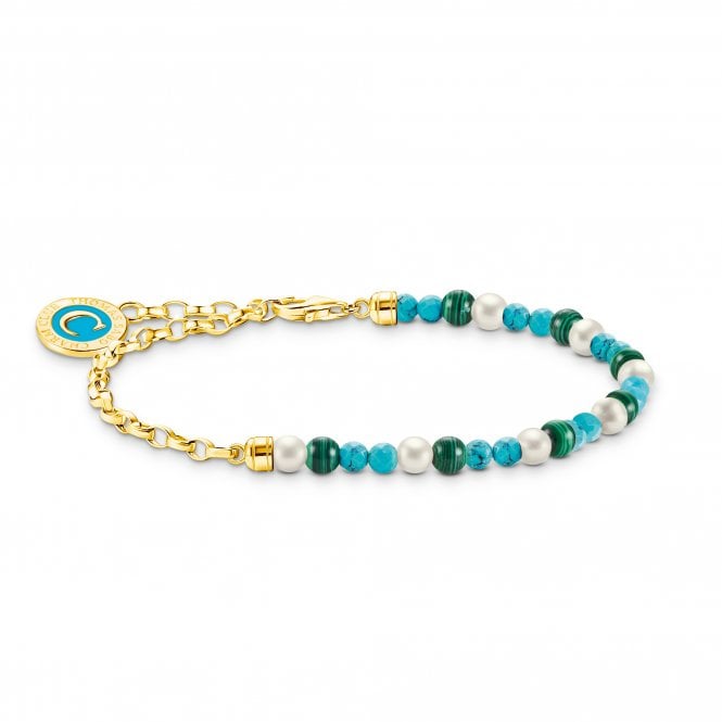 Thomas Sabo  Gold Tone Charm Bracelet with Pearls, Malachite & Charmista Coin 0.4cm, 14-17cm