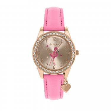 Tikkers Flamingo Dial Pink Leather Strap Watch