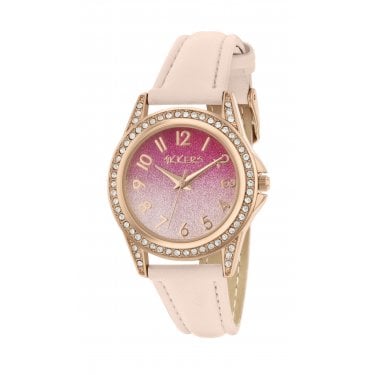 Tikkers Pink Ombre Glitter Dial Pink Leather Strap Watch