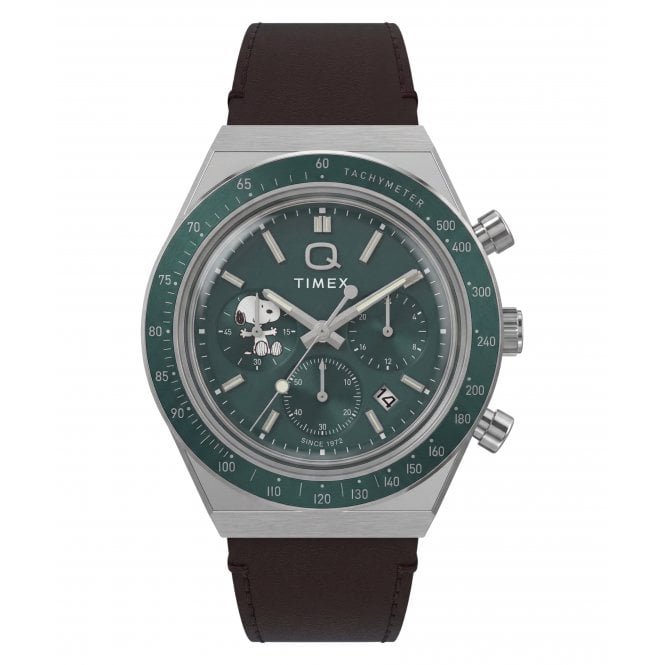 Timex  Gents Peanuts® Q  Chrono Green Dial Brown Leather Strap Watch
