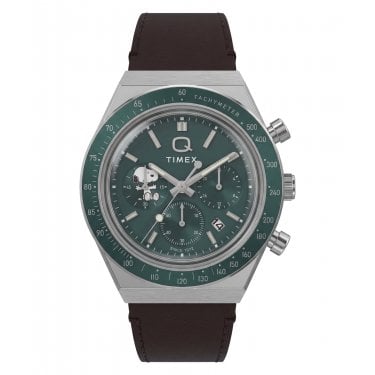 Timex Gents Peanuts® Q Timex Chrono Green Dial Brown Leather Strap Watch