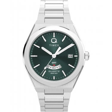 Timex Gents Q Timex Continental GMT Green Dial Stainless Steel Watch