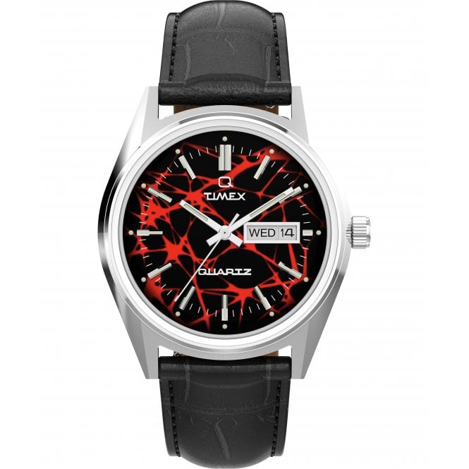 Timex  Gents Q  Red Vega 1978 Reissue Black Leather Strap Watch