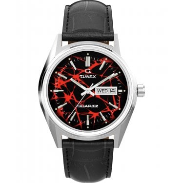 Timex Gents Q Timex Red Vega 1978 Reissue Black Leather Strap Watch