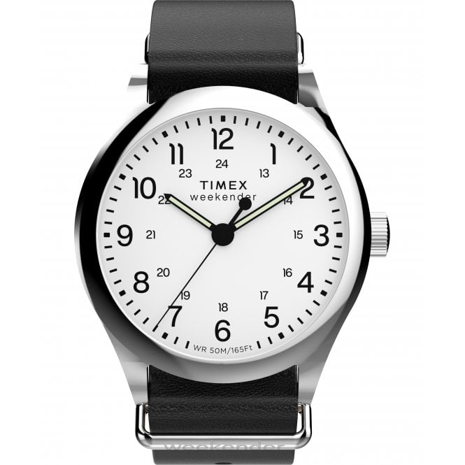 Timex  Gents Weekender White Dial Black Leather Strap Watch  