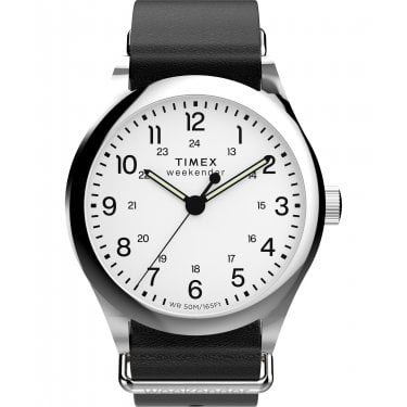 Timex Gents Weekender White Dial Black Leather Strap Watch  